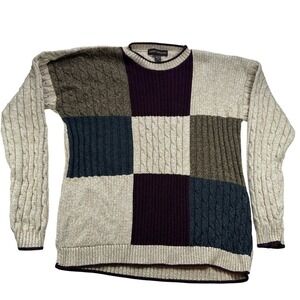 Liberty Sweaters Patchwork Cable Knit Sweater Vintage‎ Burgundy Tan Navy Men XL